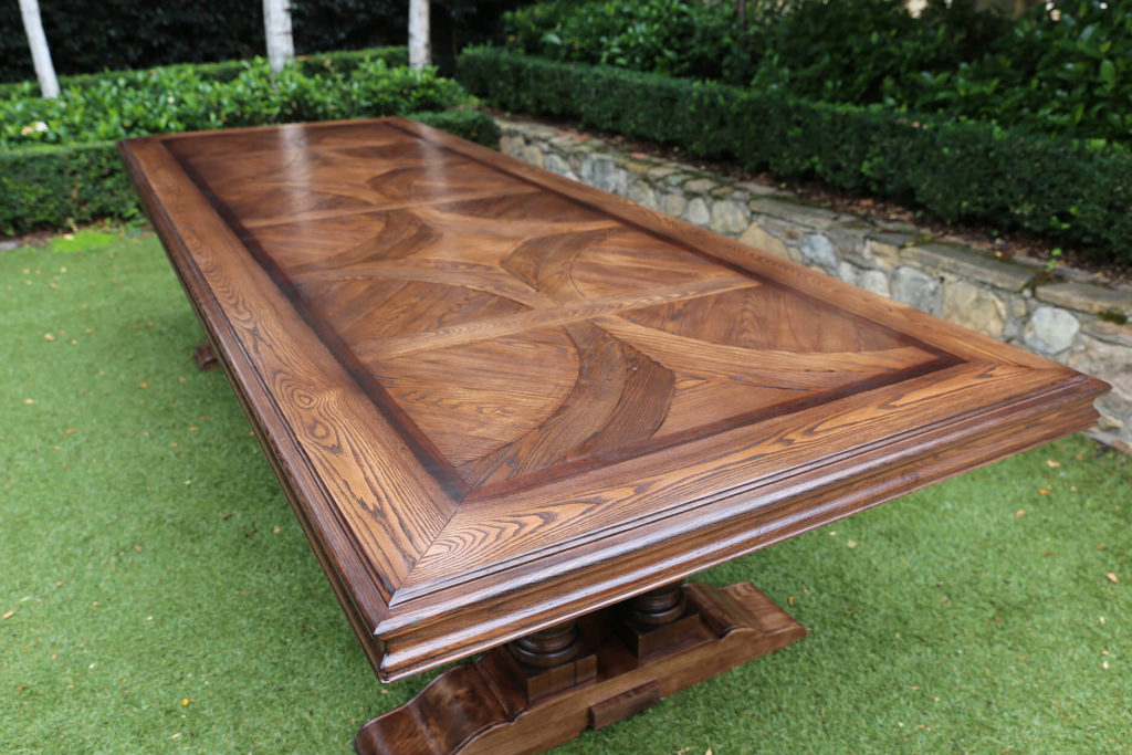 Double Turned Pedestal Oak Parquetry Table