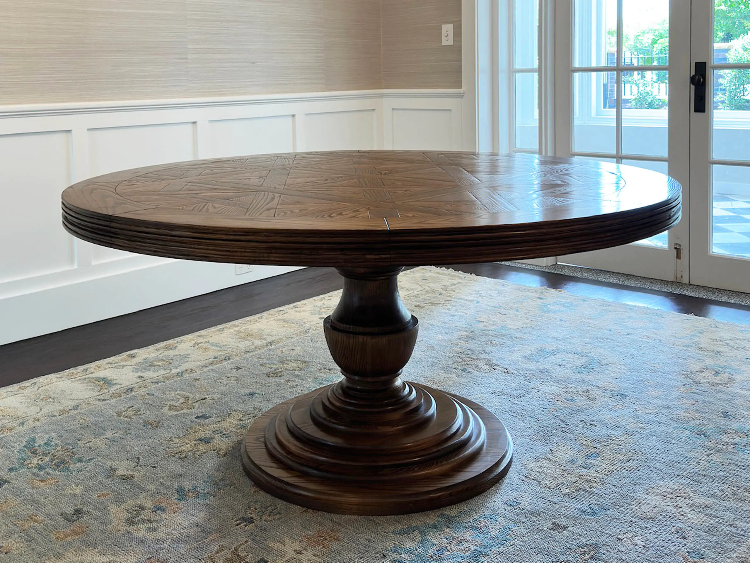 Circular Parquetry Dining Table with Turned Base by Luxury Interior Designer, Furniture Designer and Manufacturer, Mark Alexander