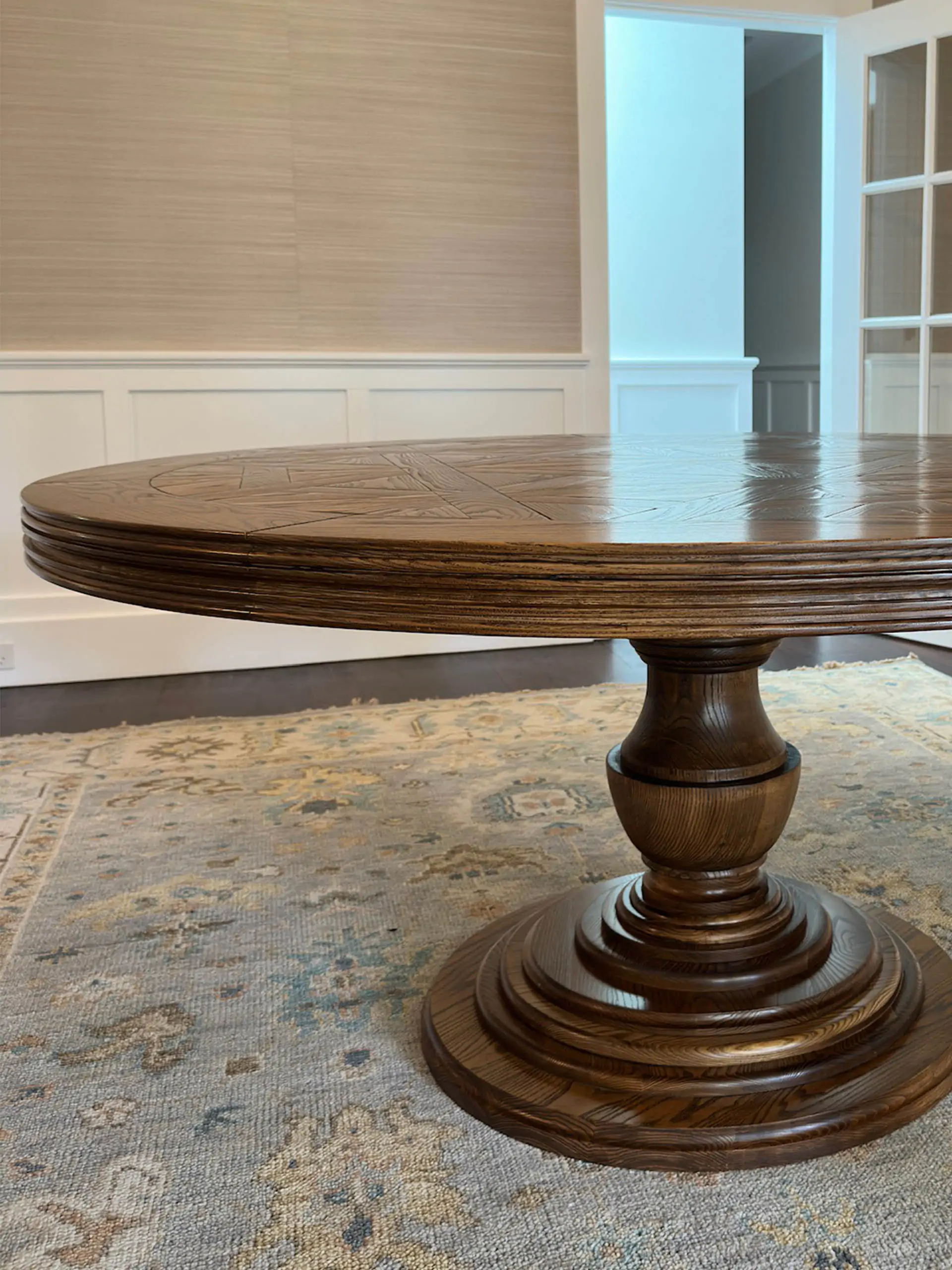 Circular Parquetry Dining Table with Turned Base by Luxury Interior Designer, Furniture Designer and Manufacturer, Mark Alexander