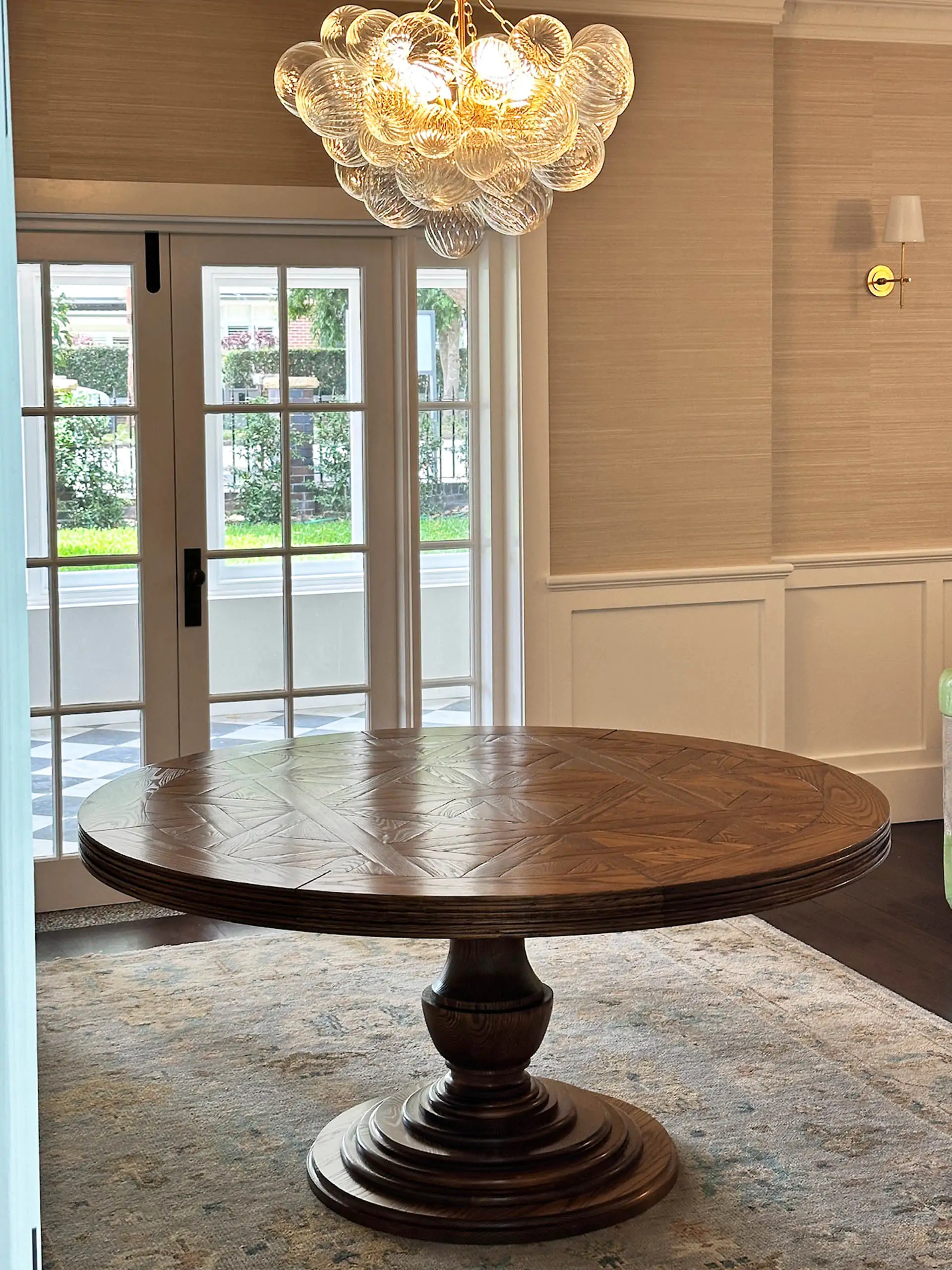 Circular Parquetry Dining Table with Turned Base by Luxury Interior Designer, Furniture Designer and Manufacturer, Mark Alexander