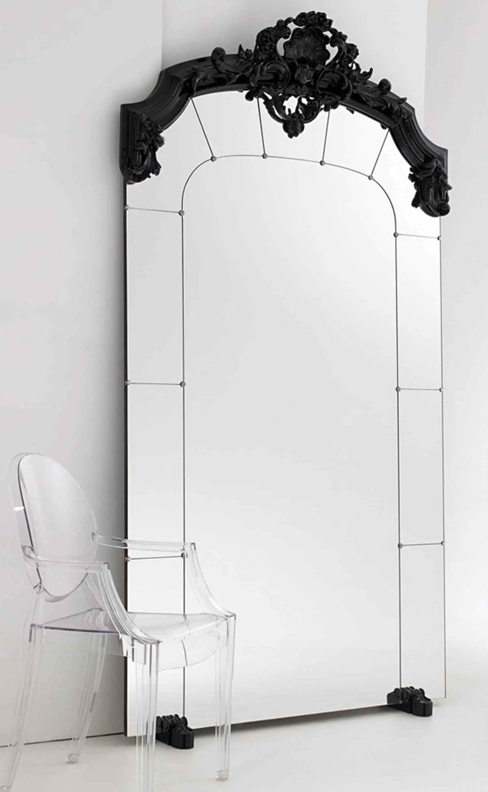 French Modern Mirror with Carved Black Gilding by Luxury Interior Designer and Furniture Manufacturer, Mark Alexander