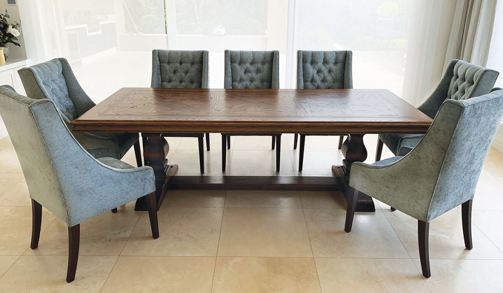 Bespoke Parquetry Dining Table and Luxury Dining Chairs by Luxury Interior Designer and Furniture Manufacturer, Mark Alexander