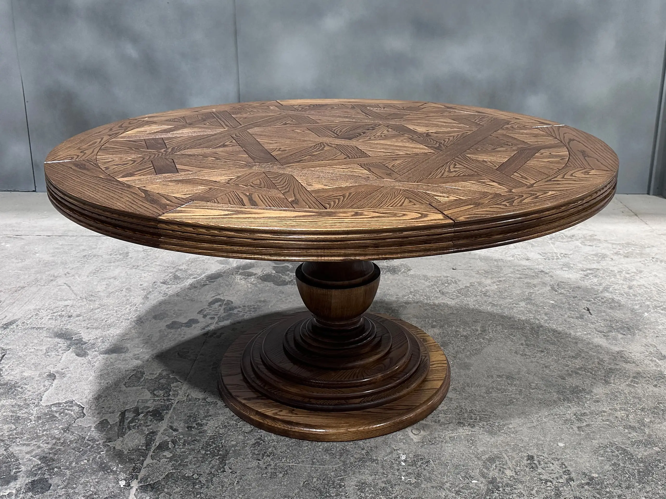 Circular Parquetry Dining Table with Turned Base by Luxury Interior Designer, Furniture Designer and Manufacturer, Mark Alexander