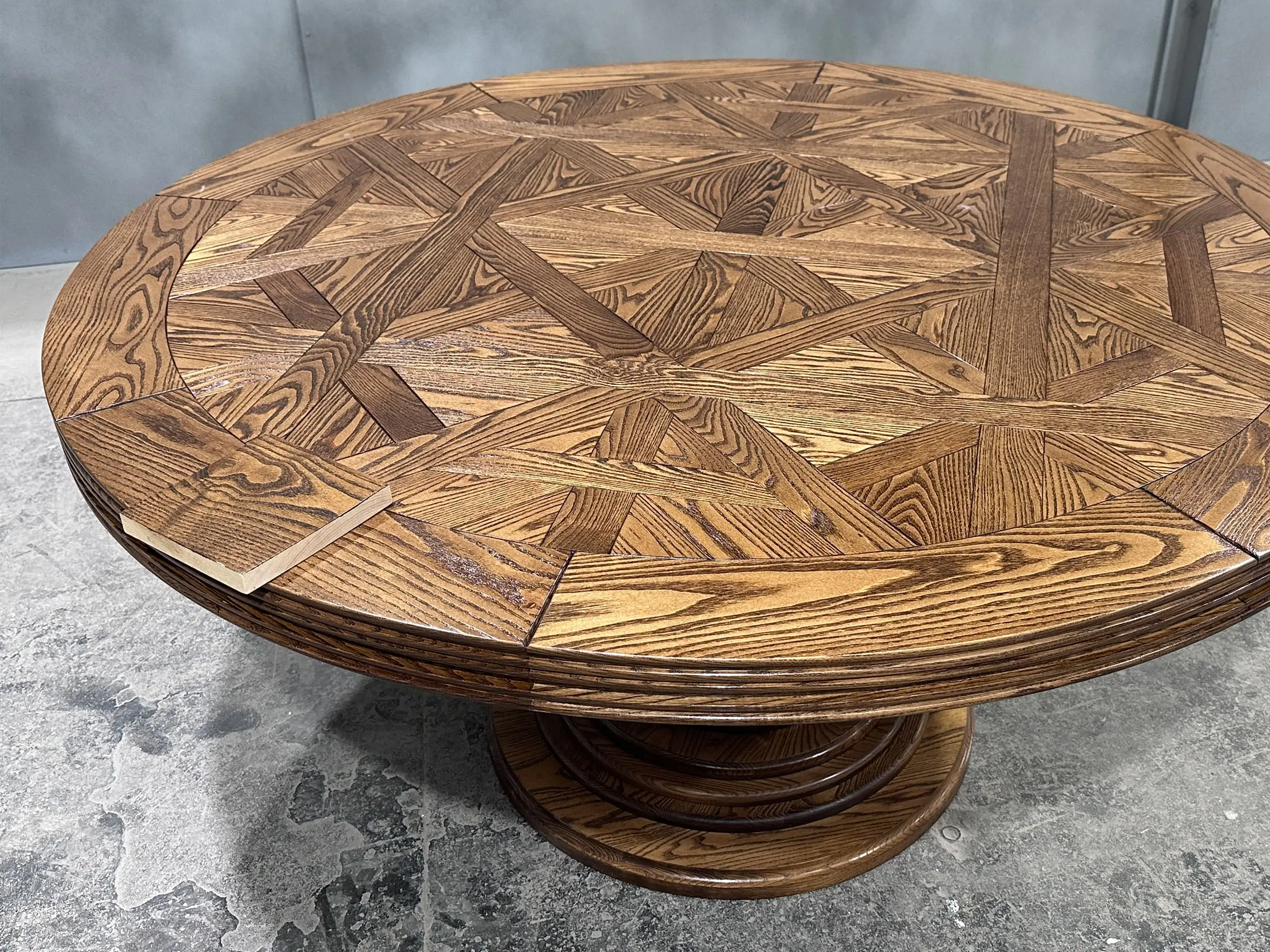 Circular Parquetry Dining Table with Turned Base by Luxury Interior Designer, Furniture Designer and Manufacturer, Mark Alexander